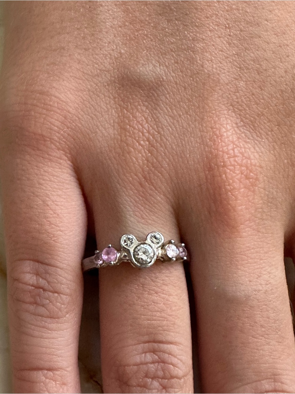 Disney 925 Sterling Silver Pink & Clear Stone Mickey-Inspired Stackable Ring